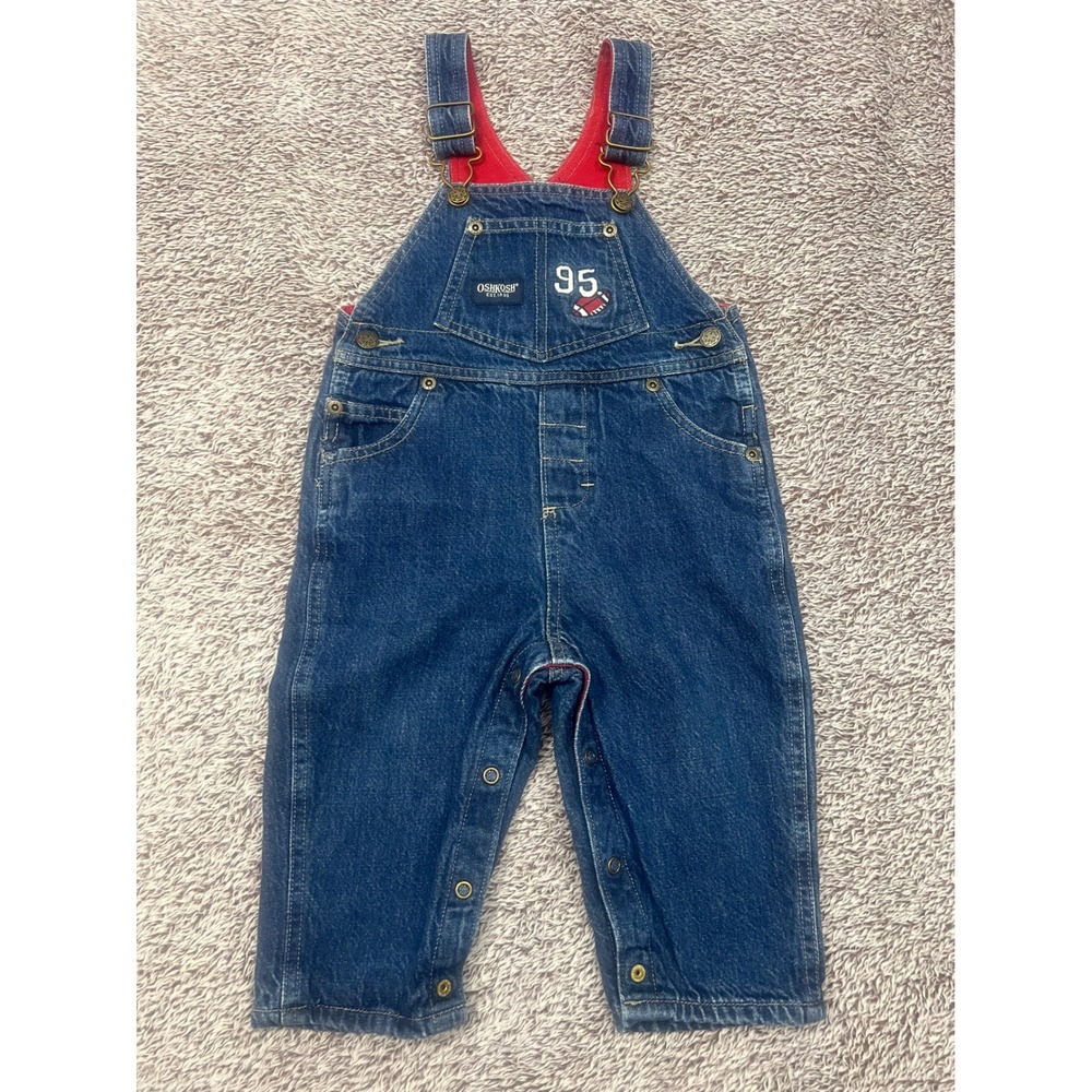 OshKosh B'gosh Baby Boy Denim Red Lined Overalls Owl Football 12 Months